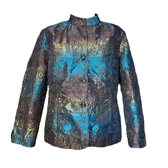 Chicos 2 Large Bronze Teal Embroidered Metallic Lined Blazer Jacket - Picture 1 of 10